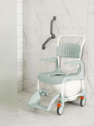 Show details for Etac Clean Shower Commode chair, 21.75", lagoon green 4 lockable castors Picture of Etac Clean Shower Commode chair, 21.75", lagoon green 4 lockable castors